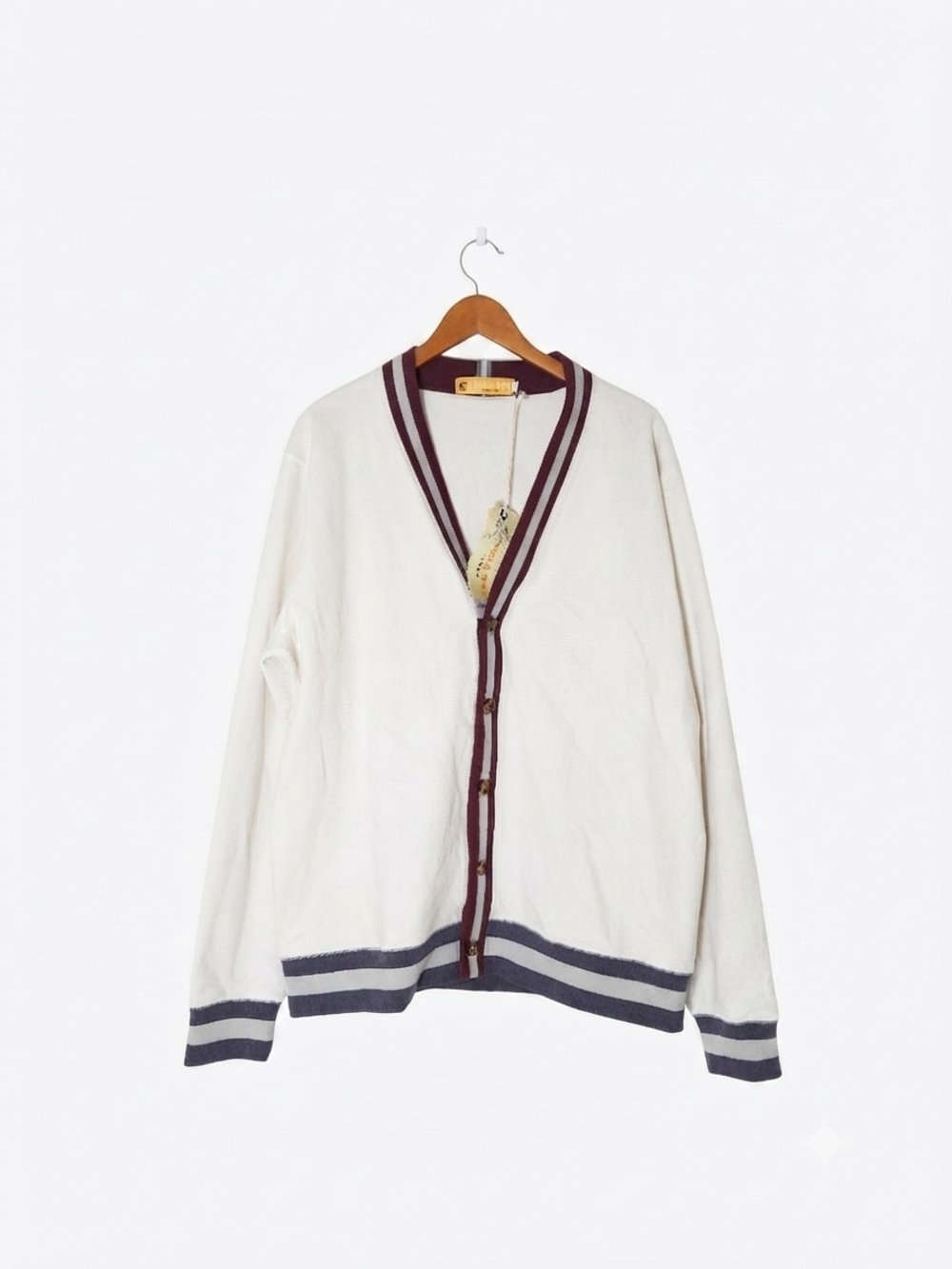 Field Day Men's Ivory with Burgundy & Navy Trim Cardigan Size L